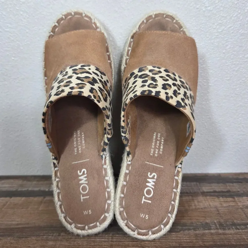 Toms Monica Leopard Print Brown Suede Espadrille Wedge Sandal Size 5